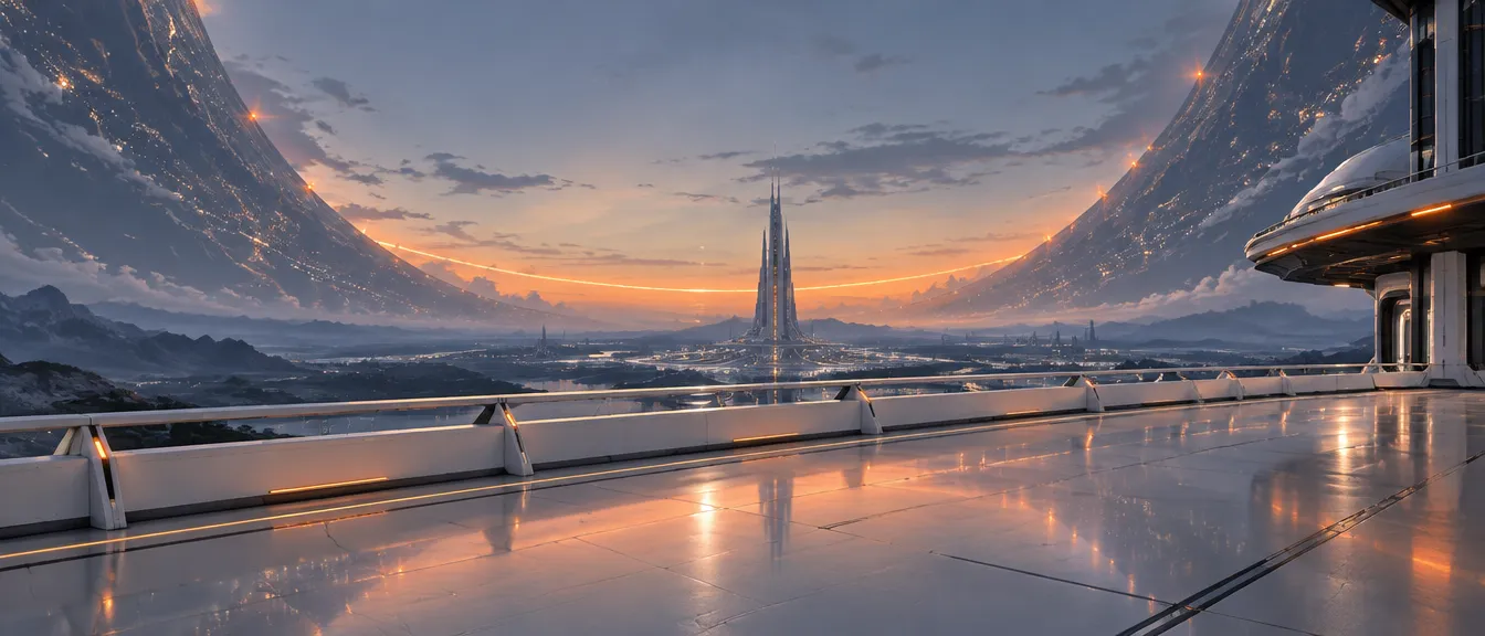 Teras pengamatan Keystone saat senja, dinding cincin dihiasi lampu kota dan suar jingga di kedua sisi langit.